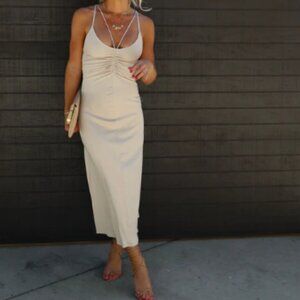 VICI - ZYA Ruched Midi Dress - Bone - LARGE only